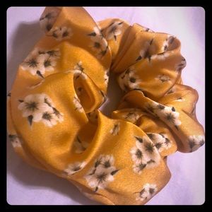 Yellow Silk Scrunchie W/ White Flowers